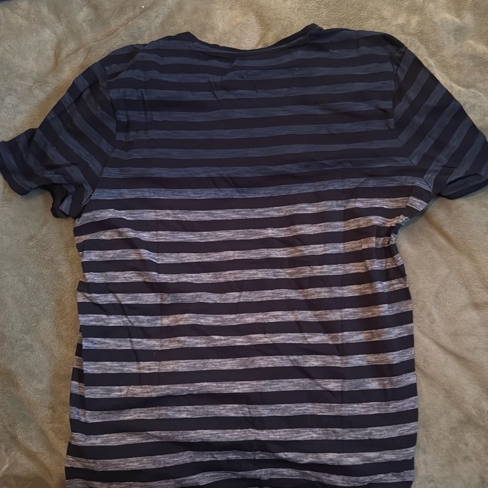 Calvin Klein Jeans Short Sleeve T Shirt Button Up Blue and Grey Striped